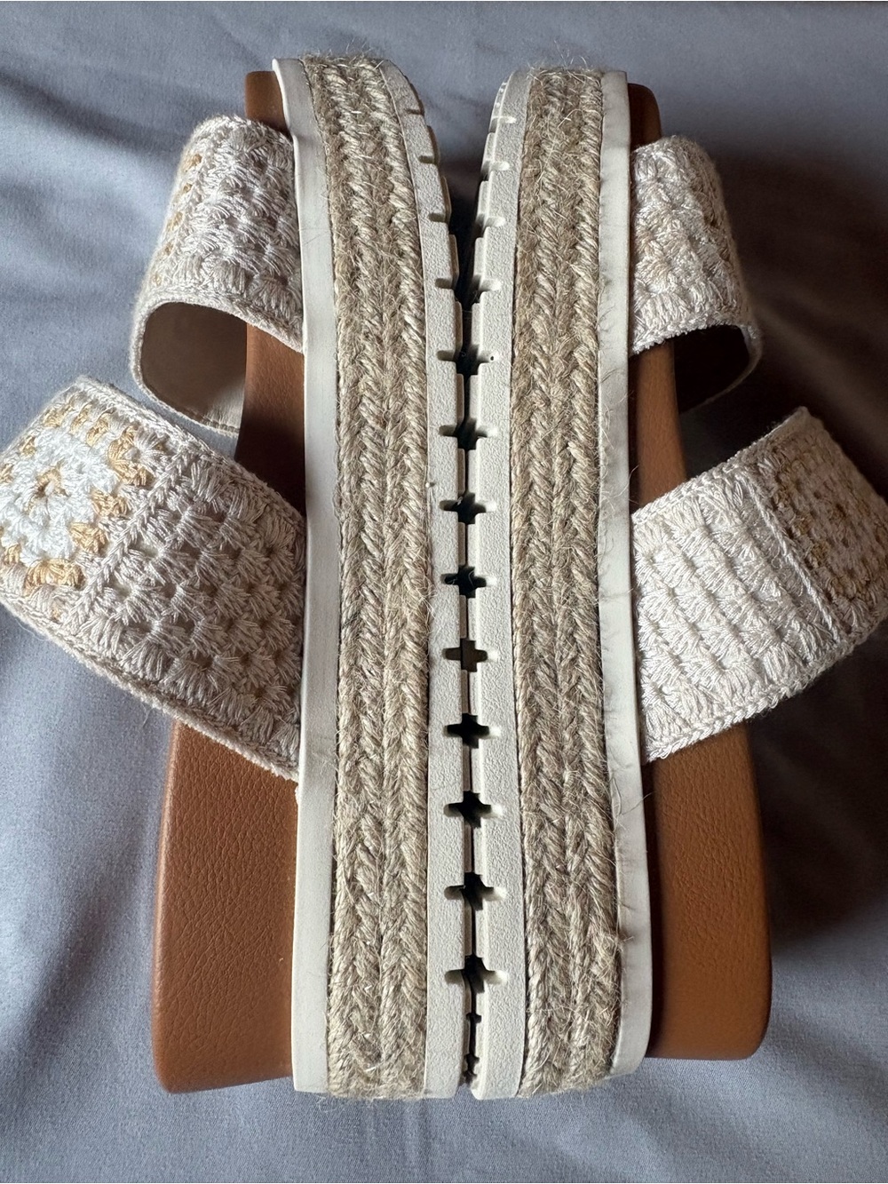 Altar’d State Woven Crochet Double-Strap Slide Platform Sandals in Cream and Tan - Picture 4 of 5